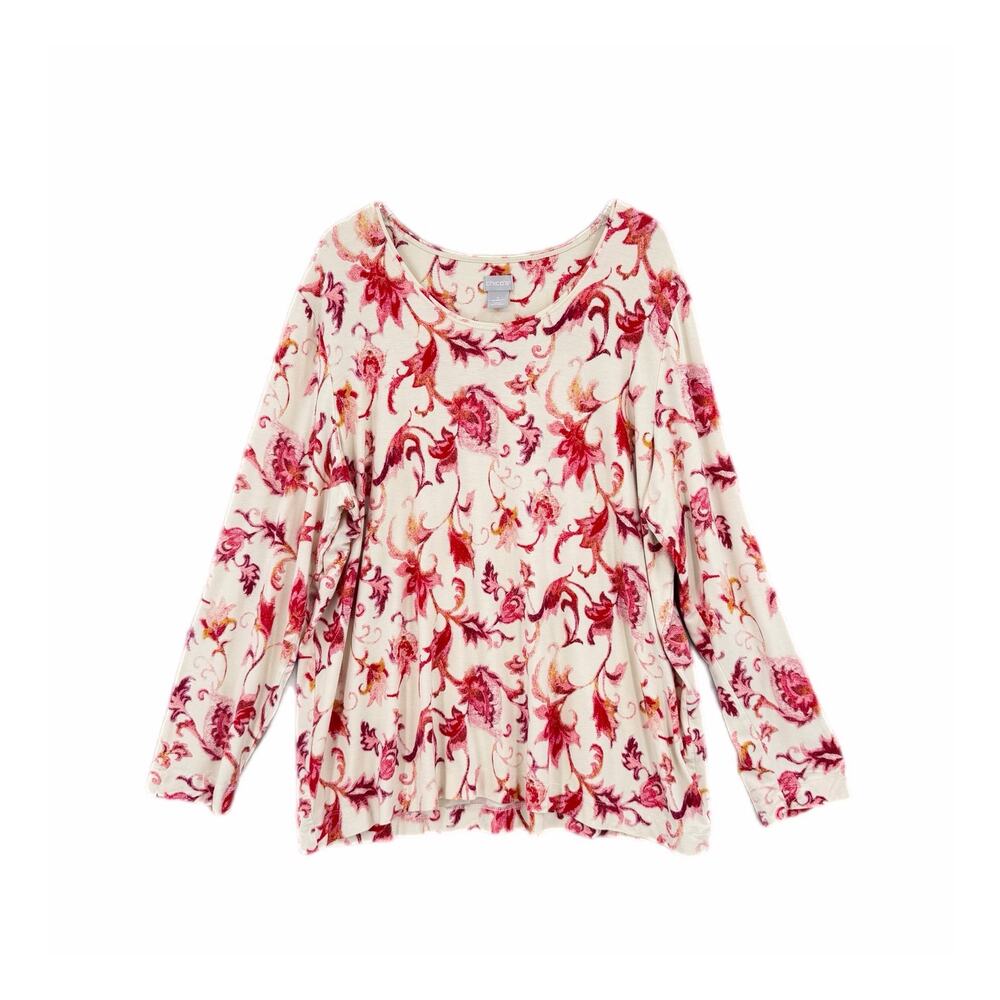 Chico’s Sz 4 Cream Pink Floral Scroll Boho Contemporary Layering Casual Tee